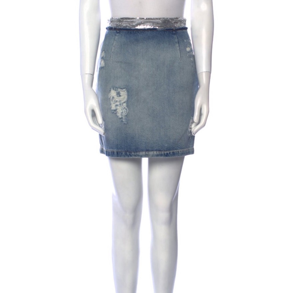 IRO Distressed Accent Blue Denim Skirt